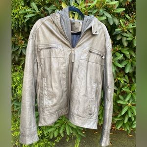 Gently Worn Faux Leather Grey Men’s Moro Jacket Sz Large With Removable Hood
